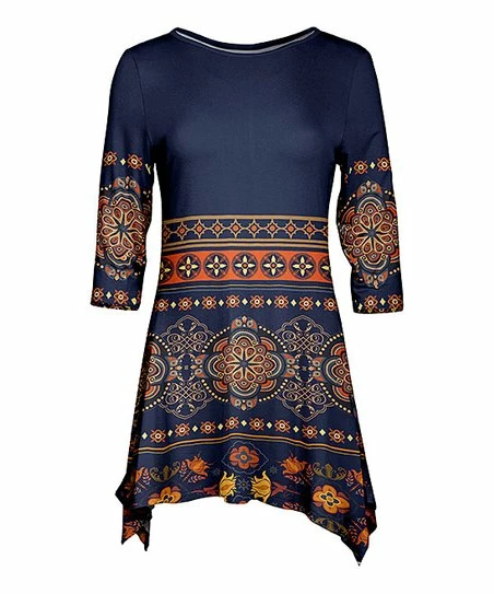 Lily | Navy & Rust Geometric Floral Sidetail Tunic - Plus 1 Lily | Navy & Rust Geometric Floral Sidetail Tunic - Plus