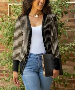 Lily | Black & Mocha Stripe Houndstooth Snap-Button Cardigan - Plus