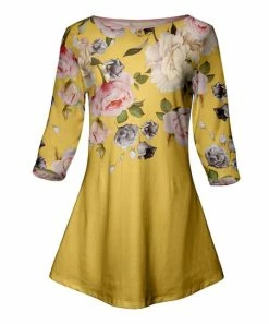 Lily | Yellow & Pink Floral Three-Quarter Sleeve Tunic - Plus