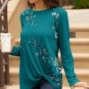 Lily | Teal & Gray Floral Crewneck Long-Sleeve Knot-Hem Tunic - Women