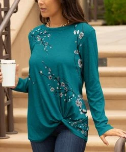 Lily | Teal & Gray Floral Crewneck Long-Sleeve Knot-Hem Tunic - Women