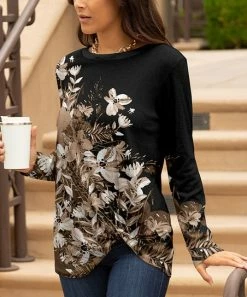 Lily | Black & Mocha Floral Crewneck Long-Sleeve Knot-Hem Tunic - Women