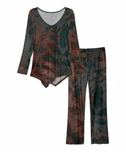 Lily | Brown Floral Long-Sleeve Handkerchief Top & Wide-Leg Pants - Plus