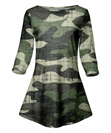 Lily | Green & Gray Camo Three-Quarter Sleeve Tunic - Women 1 Lily | Green & Gray Camo Three-Quarter Sleeve Tunic - Women