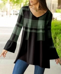 Lily | Black & Green Plaid Flute Sleeve Tunic - Plus