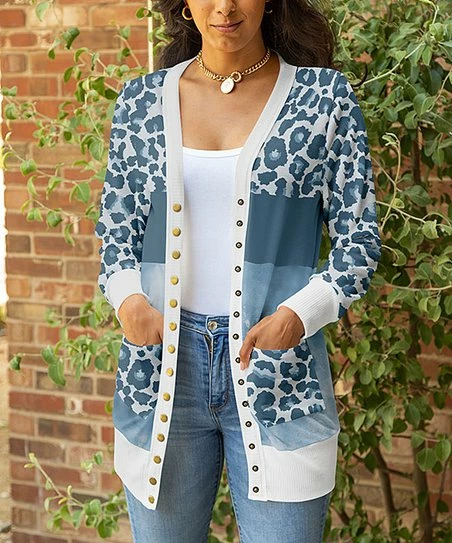 Lily | Blue & White Leopard Button-Up Pocket Cardigan - Plus 1 Lily | Blue & White Leopard Button-Up Pocket Cardigan - Plus