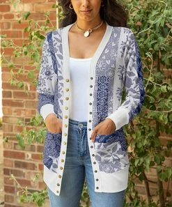 Lily | White & Blue Floral Button-Up Pocket Cardigan - Women & Plus