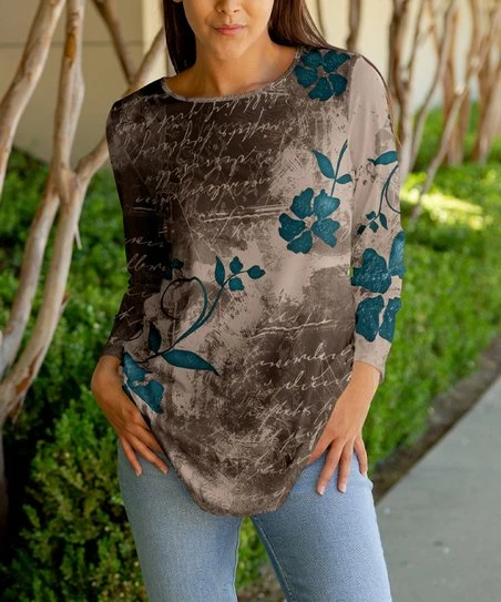 Lily | Brown & Teal Floral Script Curved-Hem Boatneck Tunic - Plus 1 Lily | Brown & Teal Floral Script Curved-Hem Boatneck Tunic - Plus