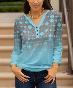Lily | Turquoise & Gray Geometric Ombré Button-Front Notch Neck Tunic - Plus