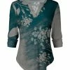 Lily | Teal & Gray Floral Notch Neck Curved Hem Long-Sleeve Top - Women