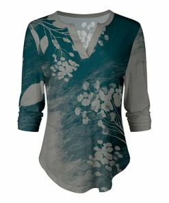 Lily | Teal & Gray Floral Notch Neck Curved Hem Long-Sleeve Top - Women