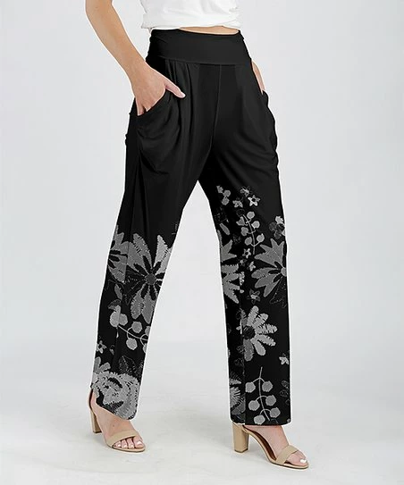 Lily | Black & Gray Floral Pocket High-Waist Pants - Women 1 Lily | Black & Gray Floral Pocket High-Waist Pants - Women