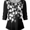 Lily | Black & White Floral Long-Sleeve Boatneck Swing Top - Plus