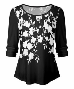 Lily | Black & White Floral Long-Sleeve Boatneck Swing Top - Plus