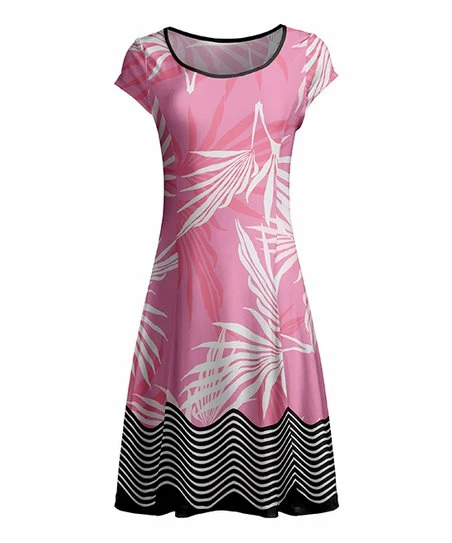 Lily | Black & Pink Tropical Leaf Cap-Sleeve Dress - Women 1 Lily | Black & Pink Tropical Leaf Cap-Sleeve Dress - Women