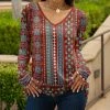 Lily | Red & Turquoise Geometric V-Neck Long-Sleeve Tunic - Plus