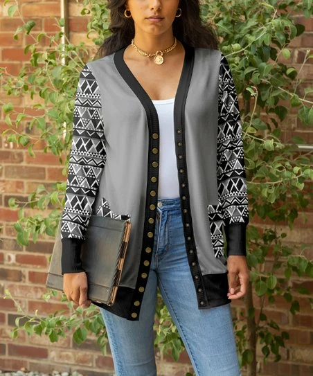 Lily | Black & Gray Geometric Pocket Button-Up Cardigan - Plus 1 Lily | Black & Gray Geometric Pocket Button-Up Cardigan - Plus