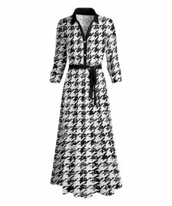 Lily | Black & White Houndstooth Tie-Waist Collared Maxi Dress - Women