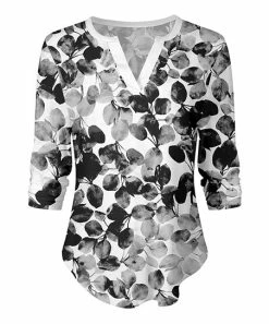 Lily | Black & Gray Leaf Notch Neck Long-Sleeve Top - Women