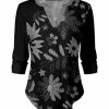 Lily | Black & Gray Floral Long-Sleece Notch Neck Top - Plus