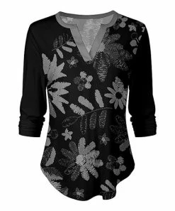 Lily | Black & Gray Floral Long-Sleece Notch Neck Top - Plus