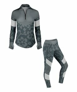 Lily | Gray & Teal Floral Thumb-Hole Quarter-Zip Top & Leggings - Women