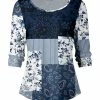 Lily | Blue & White Floral Patchwork Crewneck Top - Women & Plus
