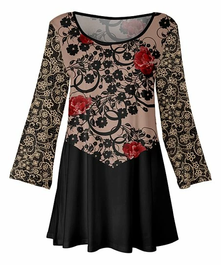 Lily | Black & Pink Filigree Three-Quarter Sleeve Tunic - Women 1 Lily | Black & Pink Filigree Three-Quarter Sleeve Tunic - Women
