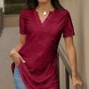 Lily | Dark Red Notch Neck Short-Sleeve Velvet Tunic - Plus