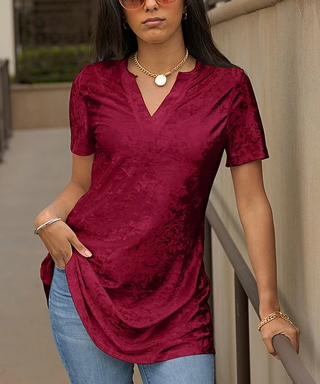 Lily | Dark Red Notch Neck Short-Sleeve Velvet Tunic - Plus 1 Lily | Dark Red Notch Neck Short-Sleeve Velvet Tunic - Plus