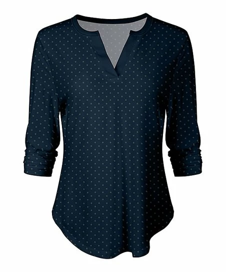 Lily | Navy & Gray Pin Dot Notch Neck Top - Plus 1 Lily | Navy & Gray Pin Dot Notch Neck Top - Plus