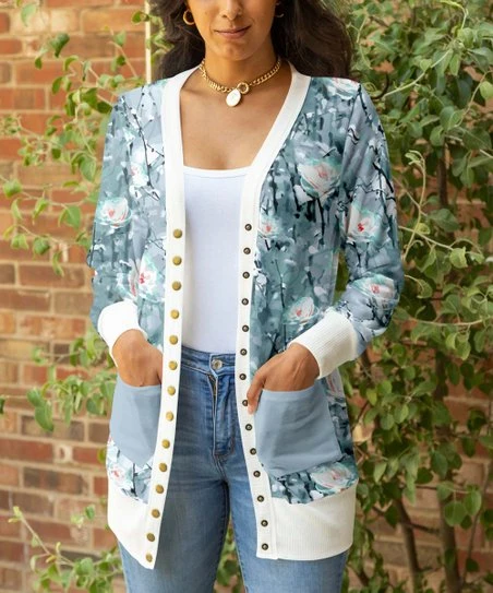Lily | Aqua & White Watercolor Floral Cardigan - Women 1 Lily | Aqua & White Watercolor Floral Cardigan - Women