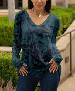 Lily | Teal & Black Botanical V-Neck Tunic - Women