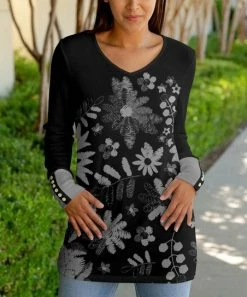 Lily | Black & Gray Floral V-Neck Tunic - Plus
