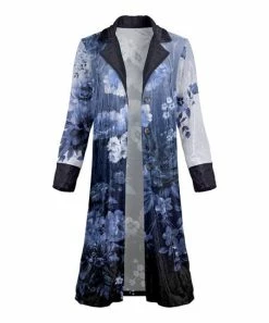 Lily | Navy & White Floral Collared Velvet Button-Up Duster - Plus