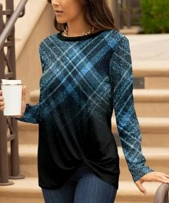 Lily | Black & Blue Plaid Ombré Twist-Hem Long-Sleeve Tunic - Women