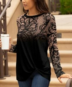 Lily | Black & Beige Floral Ombré Twist-Hem Long-Sleeve Tunic - Women & Plus