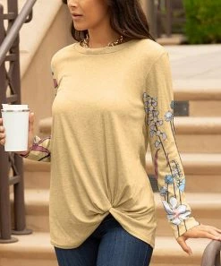Lily | Yellow & Blue Floral Twist-Hem Long-Sleeve Tunic - Plus