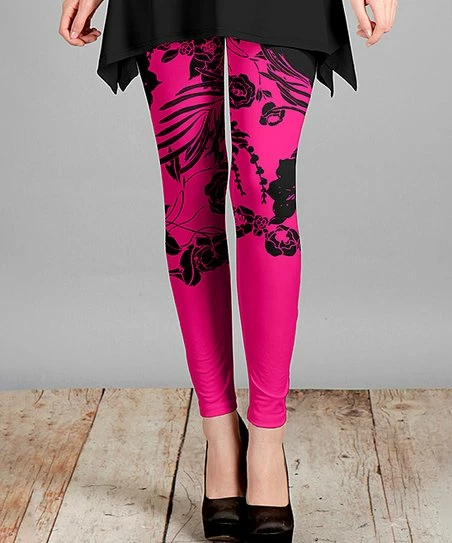 Lily | Pink & Black Floral Leggings - Plus 1 Lily | Pink & Black Floral Leggings - Plus