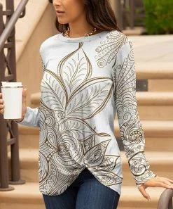 Lily | White & Gold Floral Twist-Hem Long-Sleeve Tunic - Women