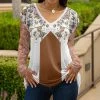 Lily | Brown & White Floral Long-Sleeve V-Neck Tunic - Plus
