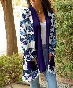 Lily | White & Blue Floral Open Pocket Cardigan - Women & Plus