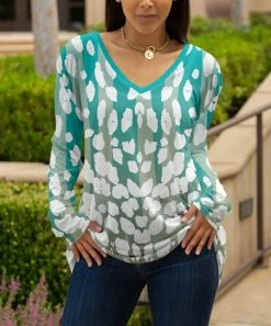 Lily | Turquoise & White Abstract Long-Sleeve V-Neck Tunic - Women