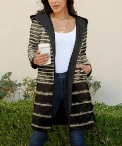 Lily | Black & Beige Stripe Hooded Open Cardigan - Plus