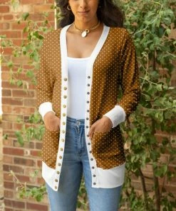 Lily | Brown & White Polka Dot V-Neck Snap-Button Cardigan - Plus