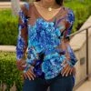Lily | Brown & Blue Floral Long-Sleeve V-Neck Tunic - Plus