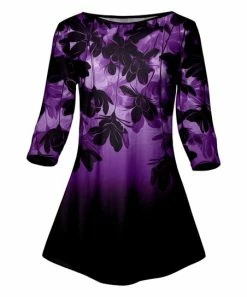 Lily | Black & Purple Floral Boatneck Three-Quarter Sleeve Tunic - Women