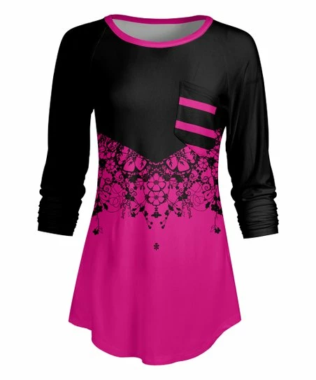 Lily | Pink & Black Floral Chest-Pocket Raglan Tunic - Plus 1 Lily | Pink & Black Floral Chest-Pocket Raglan Tunic - Plus