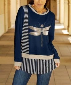 Lily | Navy & Beige Stripe Dragonfly Split-Hem Layered Sweater - Women