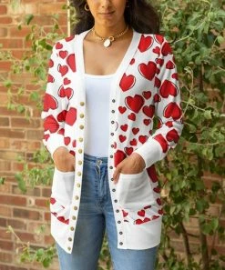 Lily | Red & White Heart Pocket Snap-Button Cardigan - Women & Plus